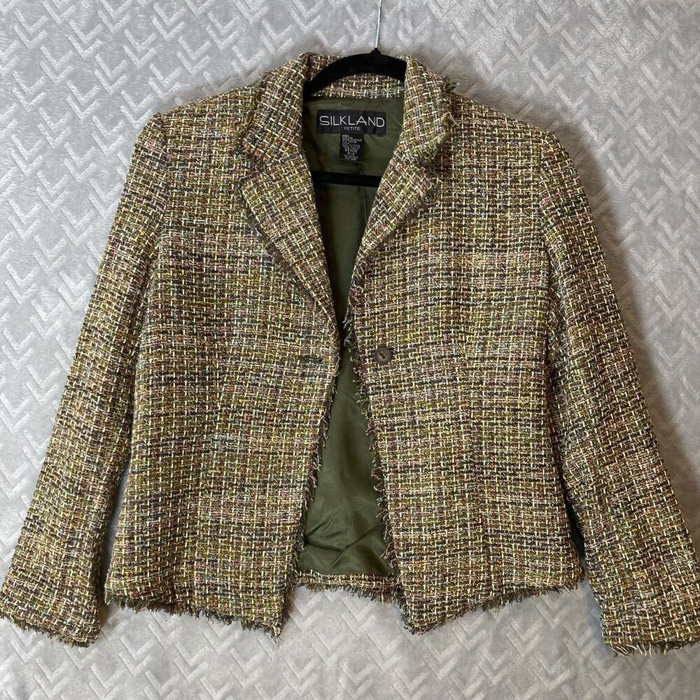 Vintage Silkland Blazer Green Plaid Tweed Petite Small Silk Blend One button NWT